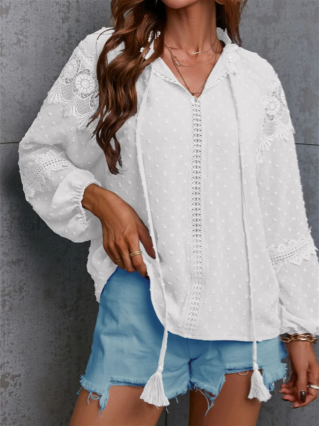 Women's Long Sleeve V-neck Lace Floral Printed Tops