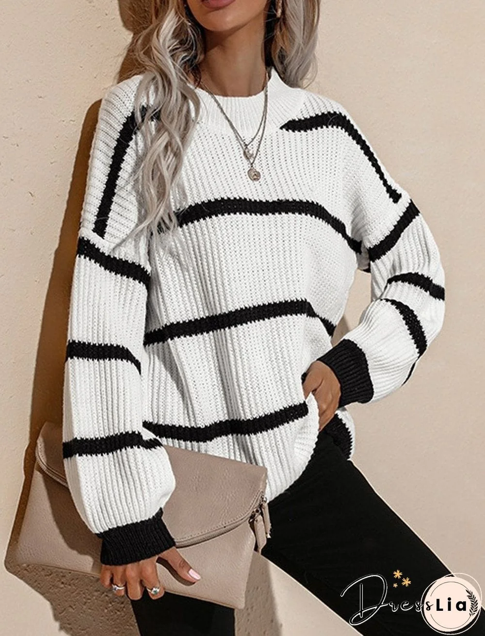 Round Neck Retro Loose Striped Pullover Knitted Sweater