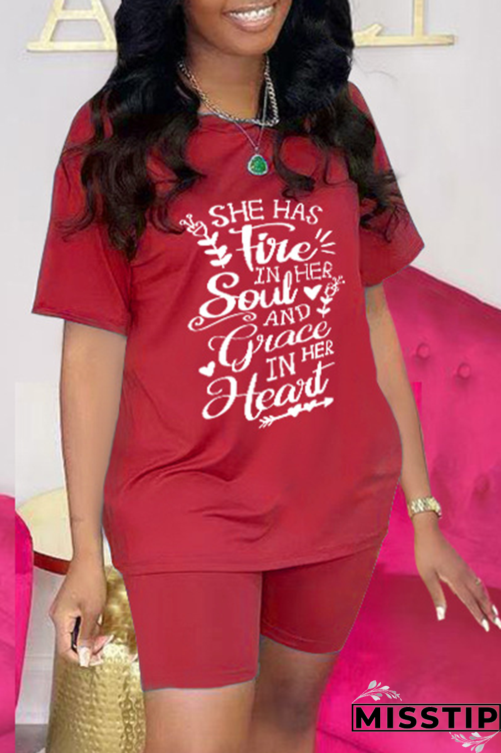 Red Casual Print Patchwork O Neck Short Sleeve Two Pieces