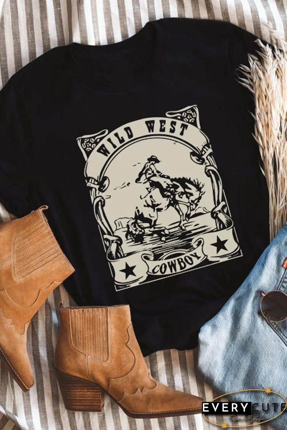 Black WILD WEST COWBOY Pattern Print Short Sleeve T Shirt