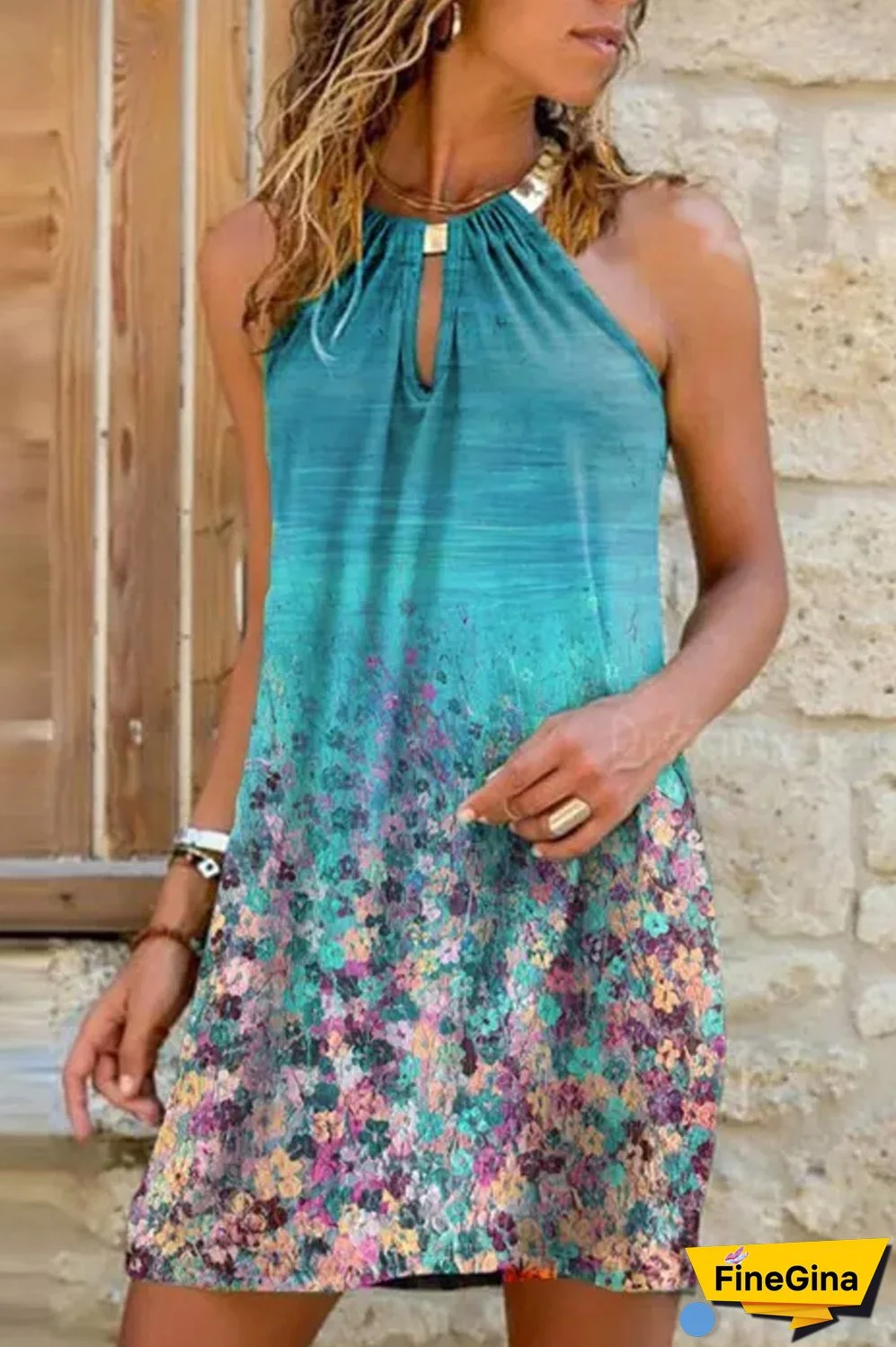 Fashion Casual Halter Print Sleeveless Round Neck Mini Dress