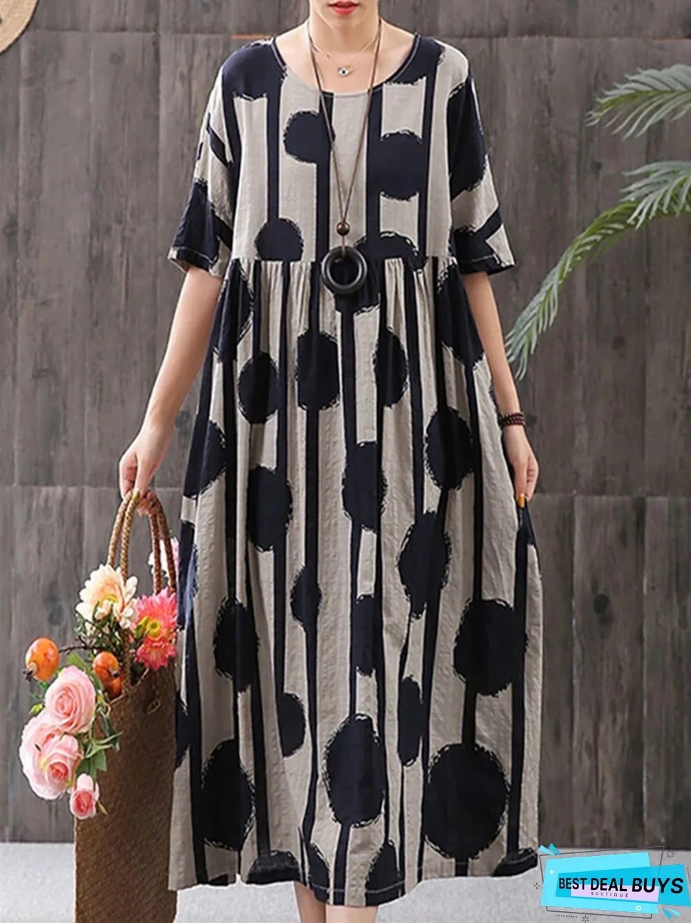 Dot Print Round Neck Pullover Short Sleeve Large Loose Casual Medium Length Dress