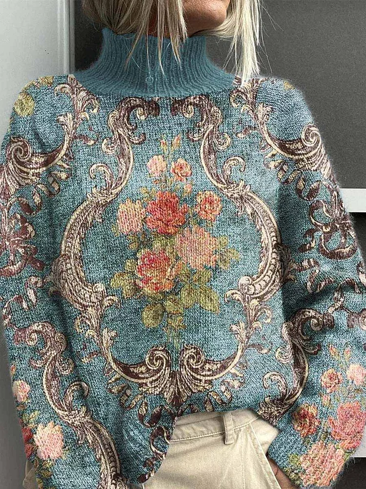 Womens Retro Floral Pattern Sweater