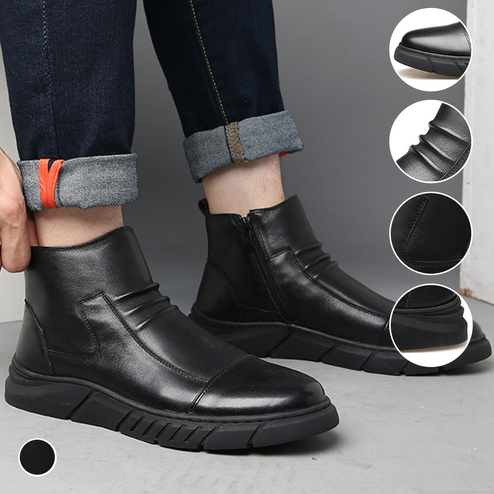 Rosepoems New Men's Side Zip Leather High Top Chelsea Boots Fleece