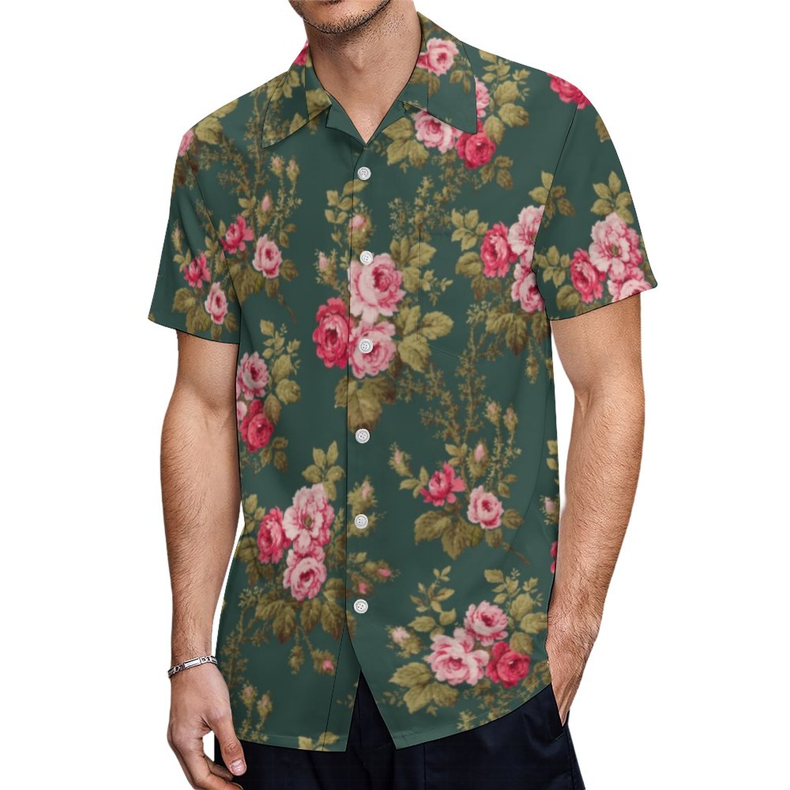 Elegant Vintage Pink Roses Green Background Hawaiian Shirt Mens Button Down Tropical Hawaii Beach Shirts
