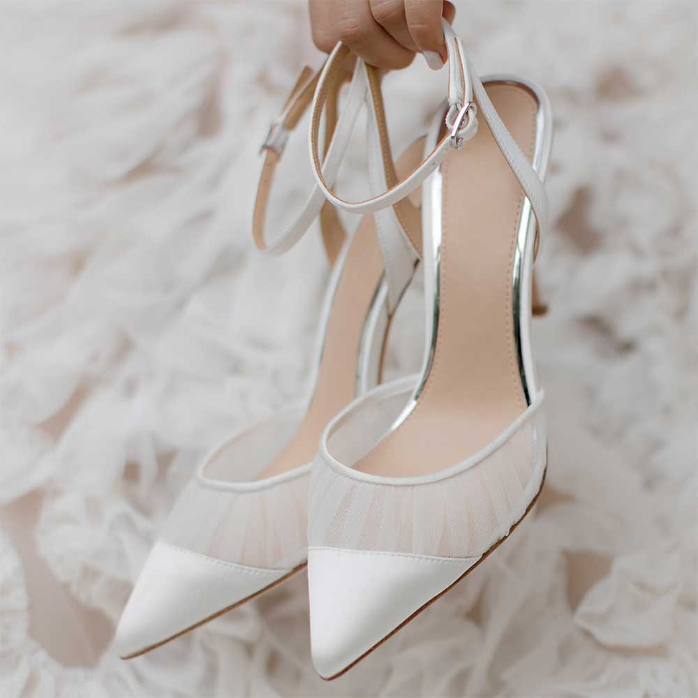 Elegant White Mesh Satin Pointed Toe Pumps Shoes with Ankle Strap Nicepairs