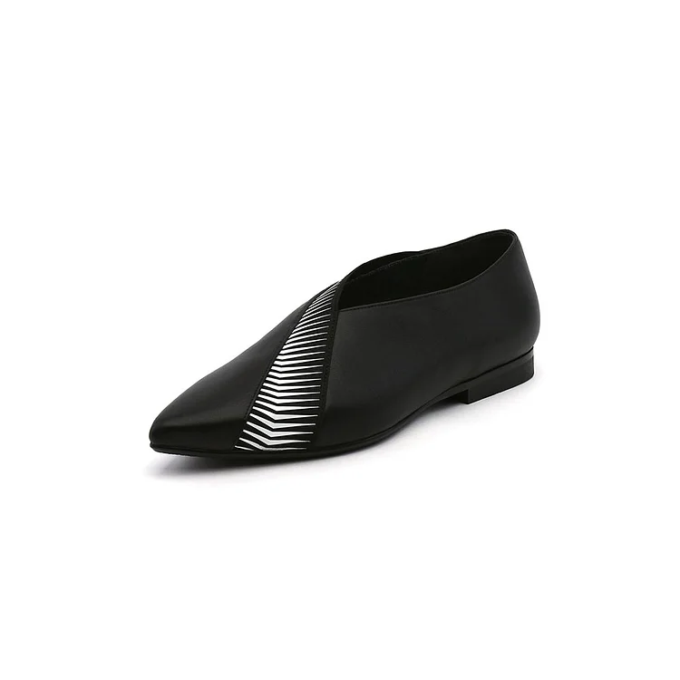 Black Closed Pointed Toe Flats with Asymmetrical Top Line Design |FSJ Shoes