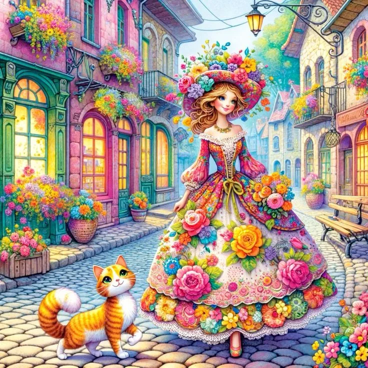 Colorful Girl In The Street (50*50cm) 11CT Stamped Cross Stitch gbfke