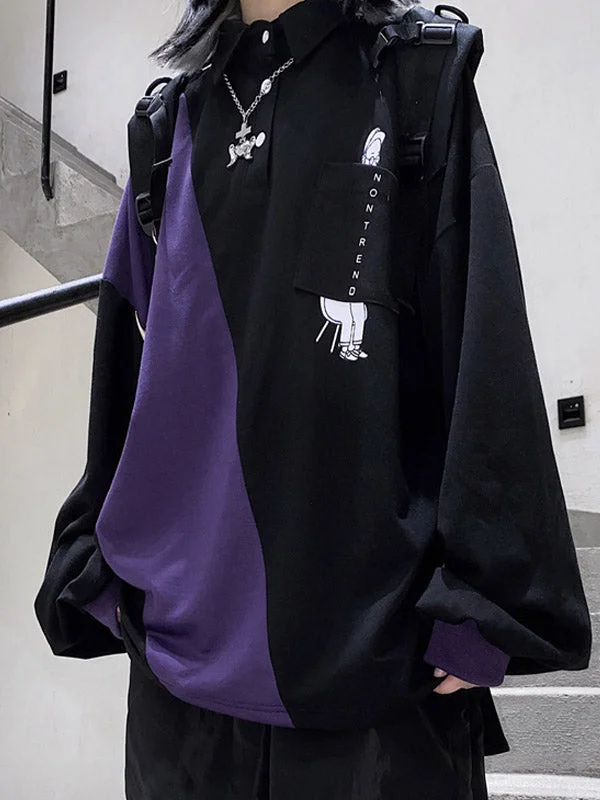 Black&Purple Split-Joint Buttoned Polo Shirt