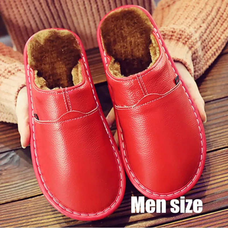 Men's shoes Genuine leather slippers winter superstar sewing Non Slip mens indoor slippers rubber warm house shoes man