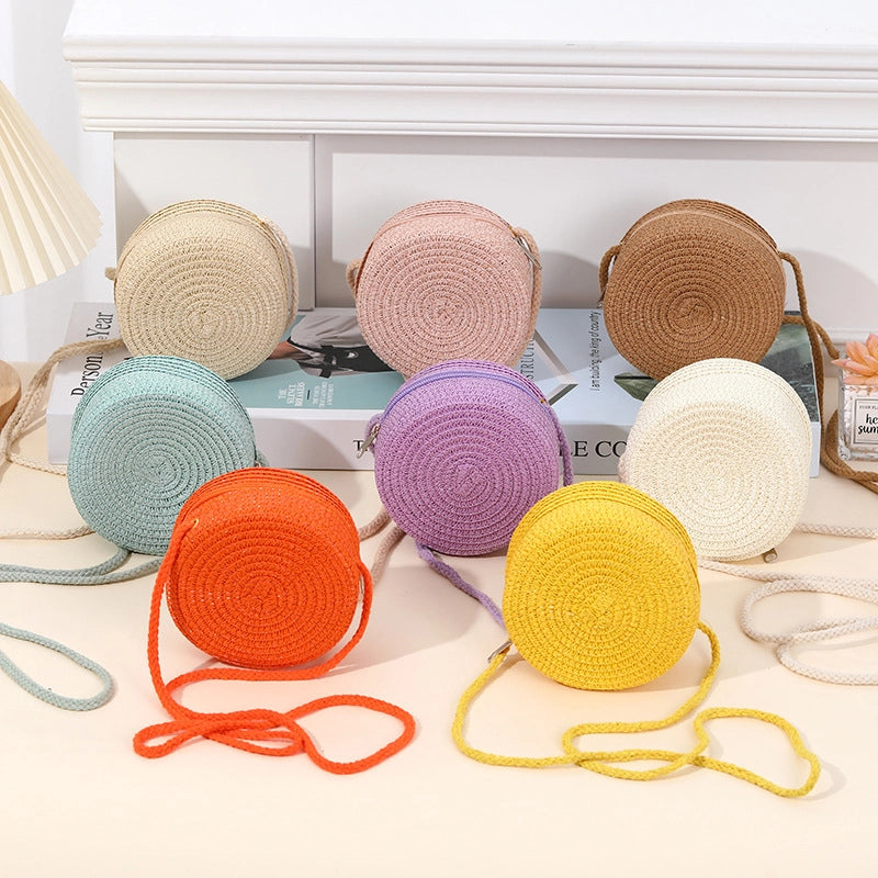 Girl'S Straw Solid Color Cute Round Zipper Shoulder Bag
