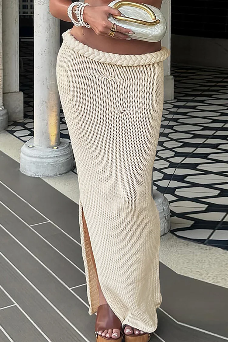 Braided Trim Bodycon Side Slit Knit Maxi Skirt-Beige