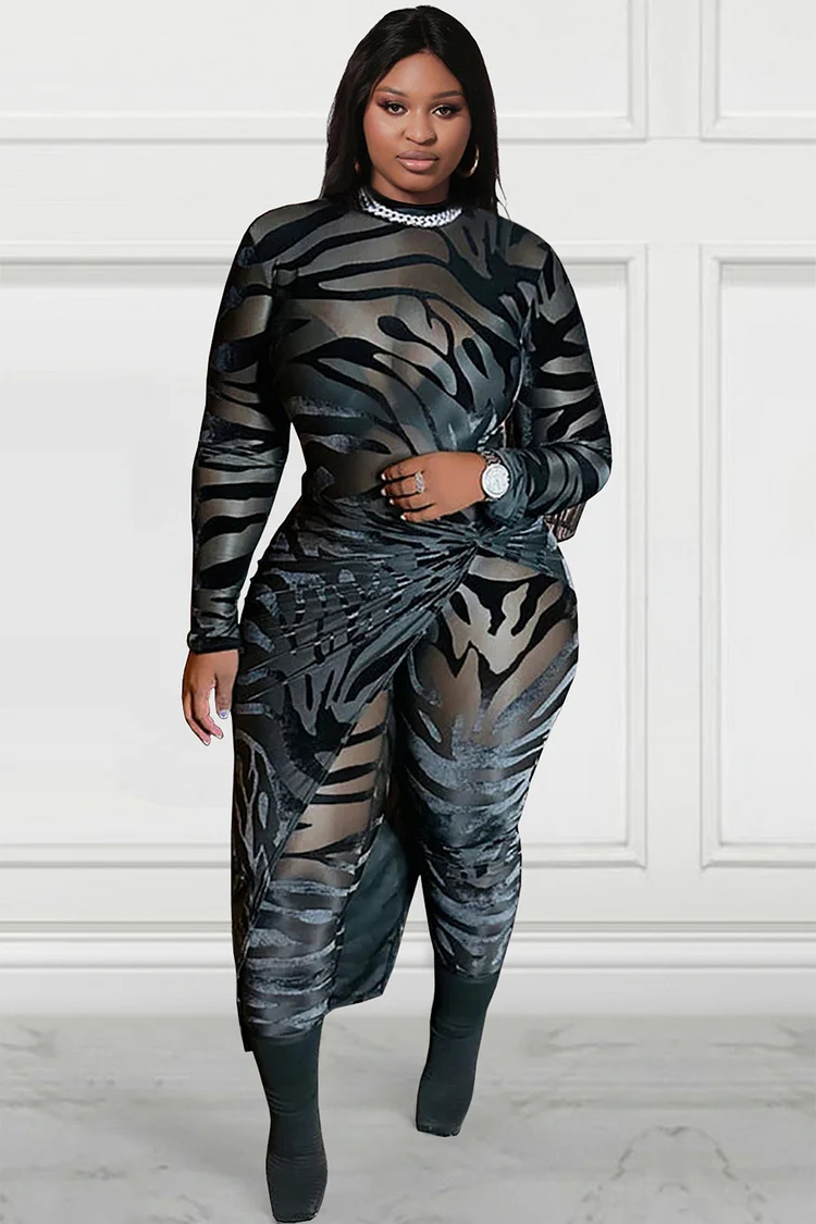 Xpluswear Design Plus Size Party Jumpsuit Black Animal Print See-Through Mesh Long Sleeve Outfit Wrap Skirt Jumpsuit Set 