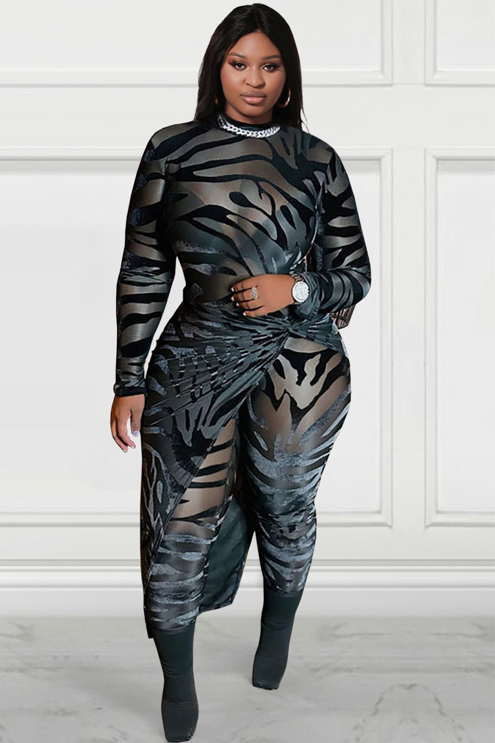 Design Plus Size Party Jumpsuit Black Animal Print See-Through Mesh Long Sleeve Outfit Wrap Skirt Jumpsuit Set