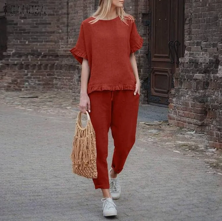 Cotton and linen short sleeve top + trousers loose fitting suit