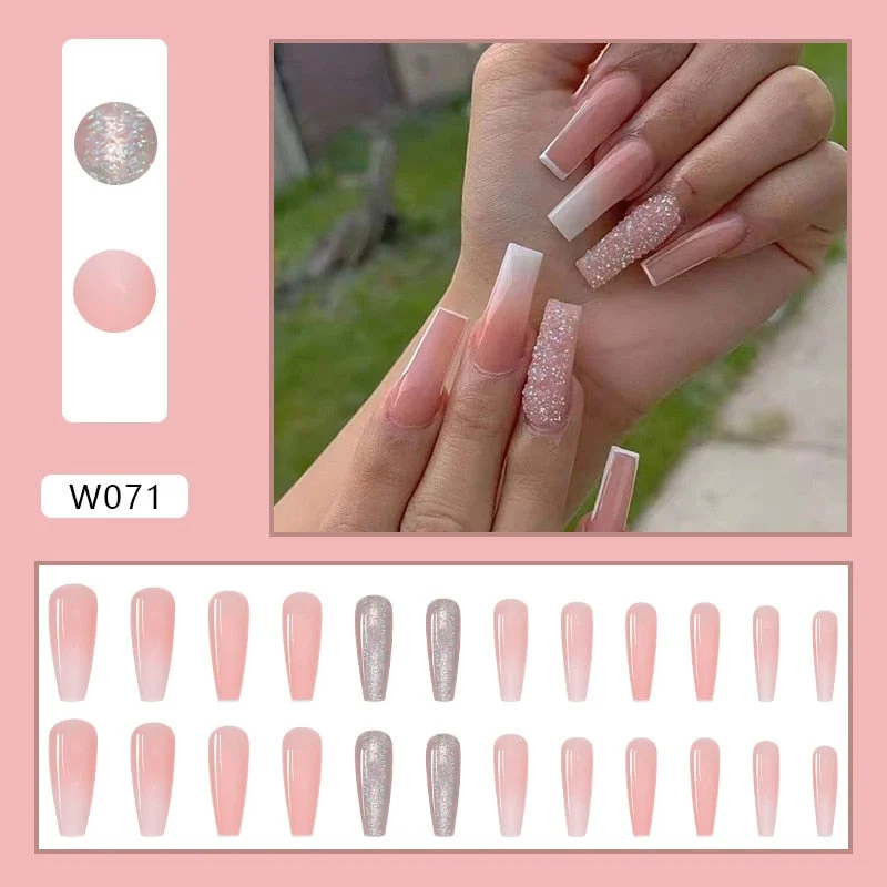 24PCS Shiny Crystals Nail Patch Sweet Style Glue Type Removable Long Paragraph Manicure Save Time False Nail Patch SANA889-Nail Inspo