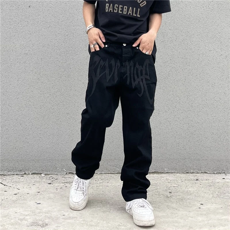 Wongn Emo Men's Fashion Black Streetwear Embroidered Low Rise Casual Jeans Trousers Straight Hip Hop Alt Denim Pants Male Clothes