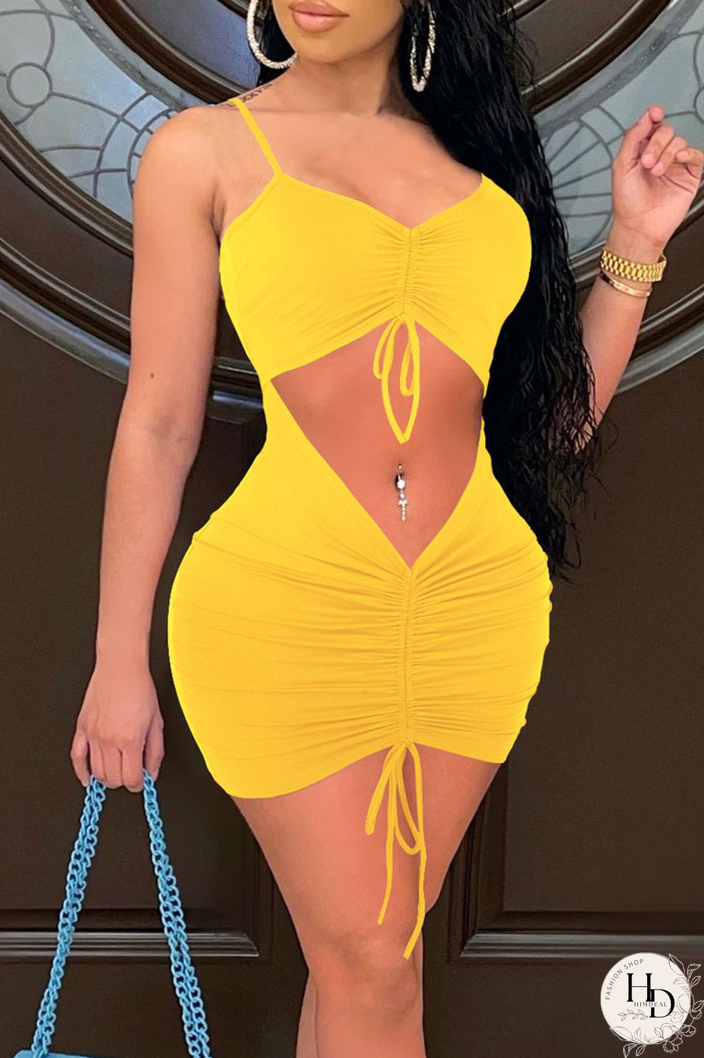 Yellow Sexy Solid Split Joint Draw String Fold Spaghetti Strap Pencil Skirt Dresses