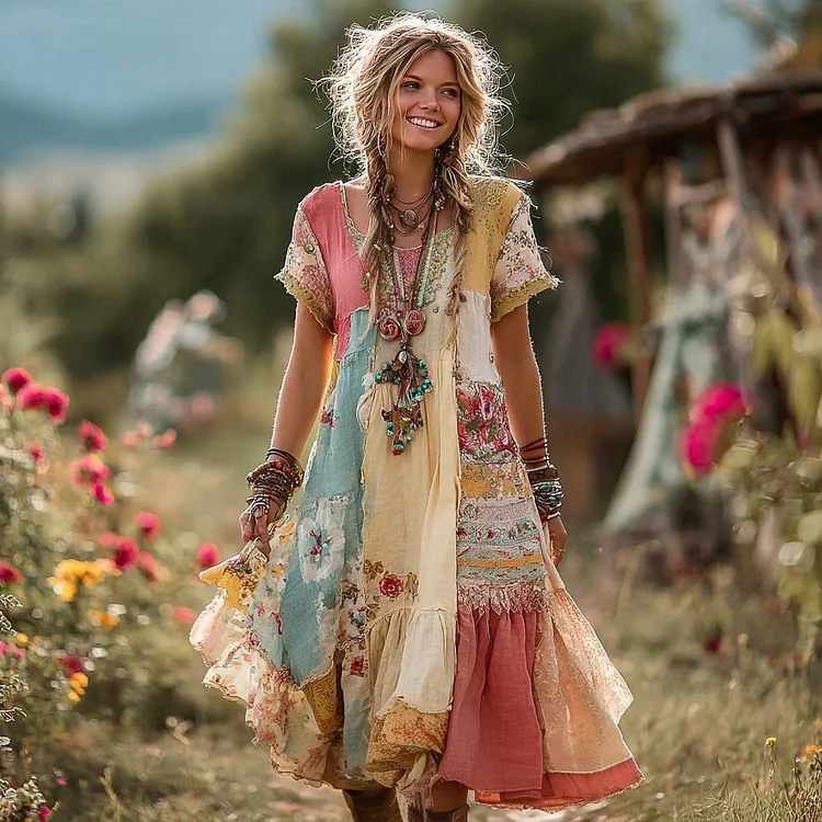 Women's Vintage Bohemian Floral Patchwork Round Neck Dress