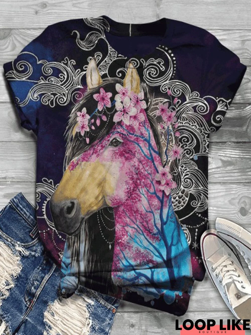 Vintage Short Sleeve Statement Horse Floral Printed Crew Neck Plus Size Casual Tops