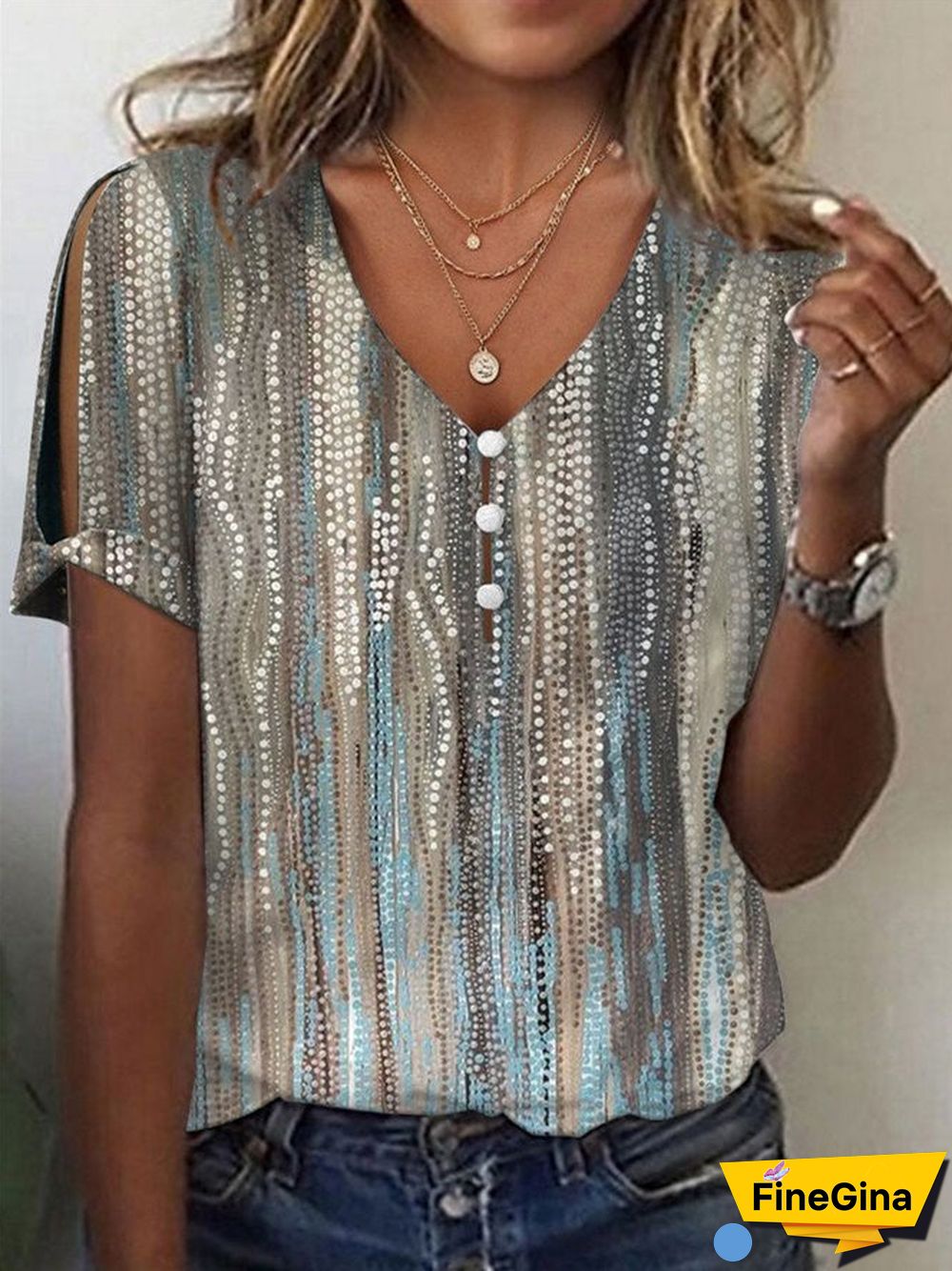 Women's Graphic Printed Short Sleeve V-neck Top