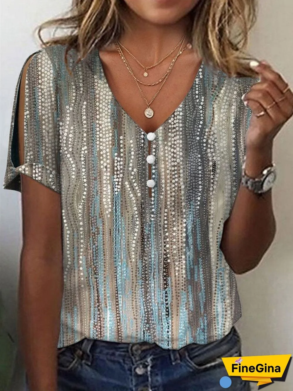 Women's Graphic Printed Short Sleeve V-neck Top