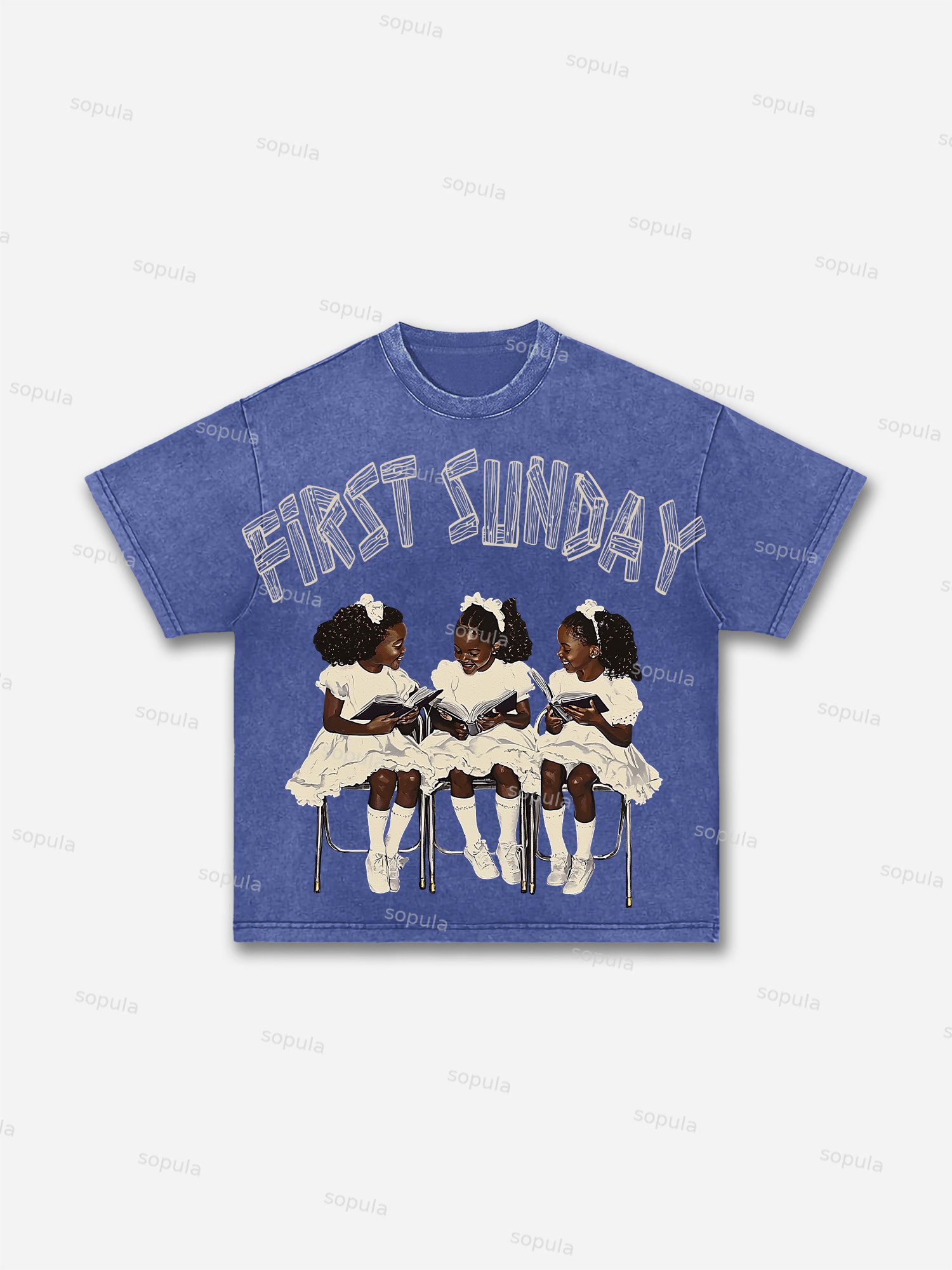 Vintage Children First Sunday Print Graphic Acid Wash T-shirt
