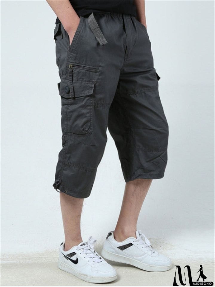 MidiSono - Men&rsquo;s Casual Front Zip Fastening Multi-Pocket Lightweight Cargo Cropped Pants