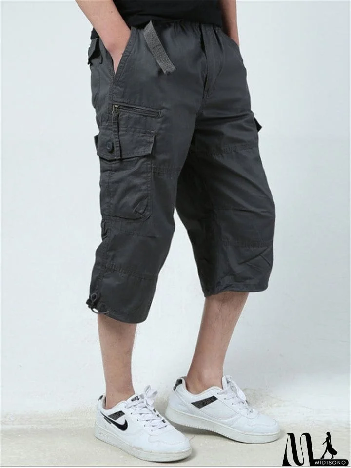 MidiSono - Men&rsquo;s Casual Front Zip Fastening Multi-Pocket Lightweight Cargo Cropped Pants