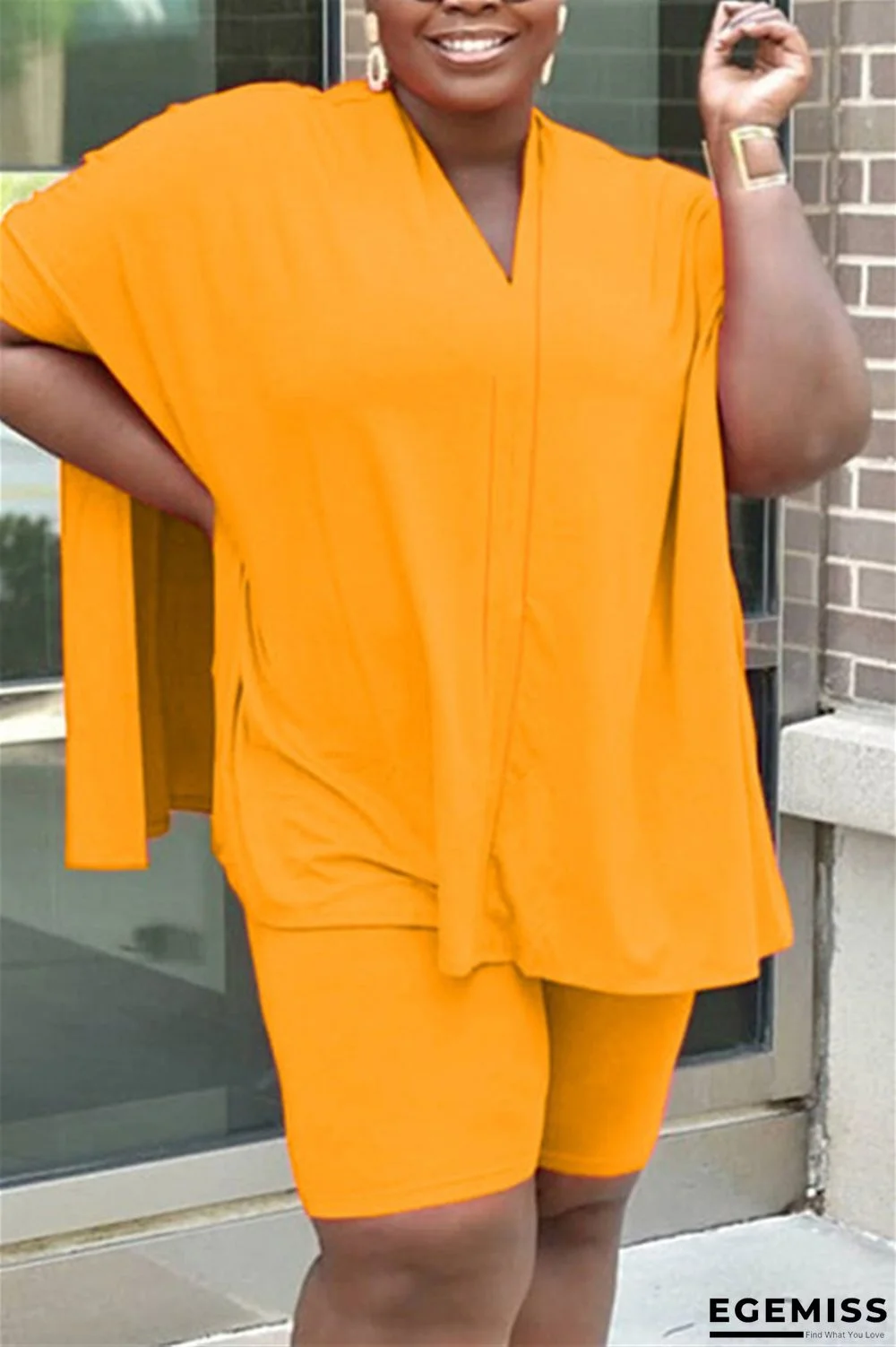 Orange Fashion adult Street V Neck Patchwork Solid Split Two Piece Suits Stitching Plus Size | EGEMISS