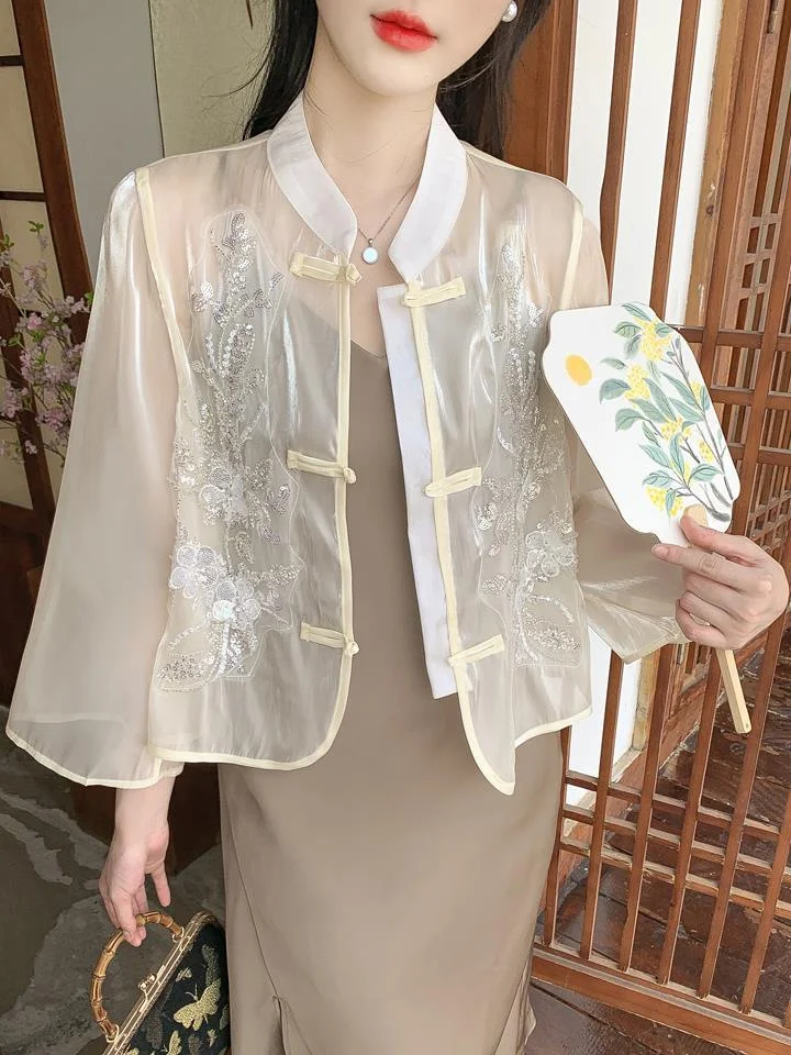 Athvotar Athvotar Chinese Sunscreen Shirt Women 2025 Summer New Hit Color National Wind Top With Sling Belt Thin External Air Conditioning Open Shirt