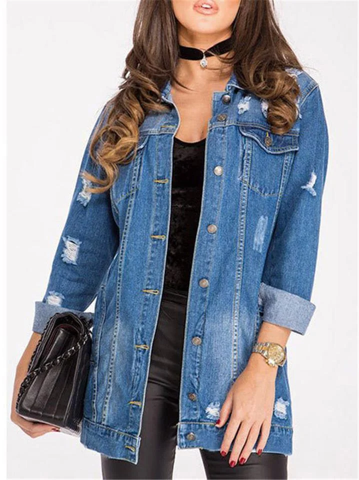 Mid-length Deep Blue Ripped Denim Coat