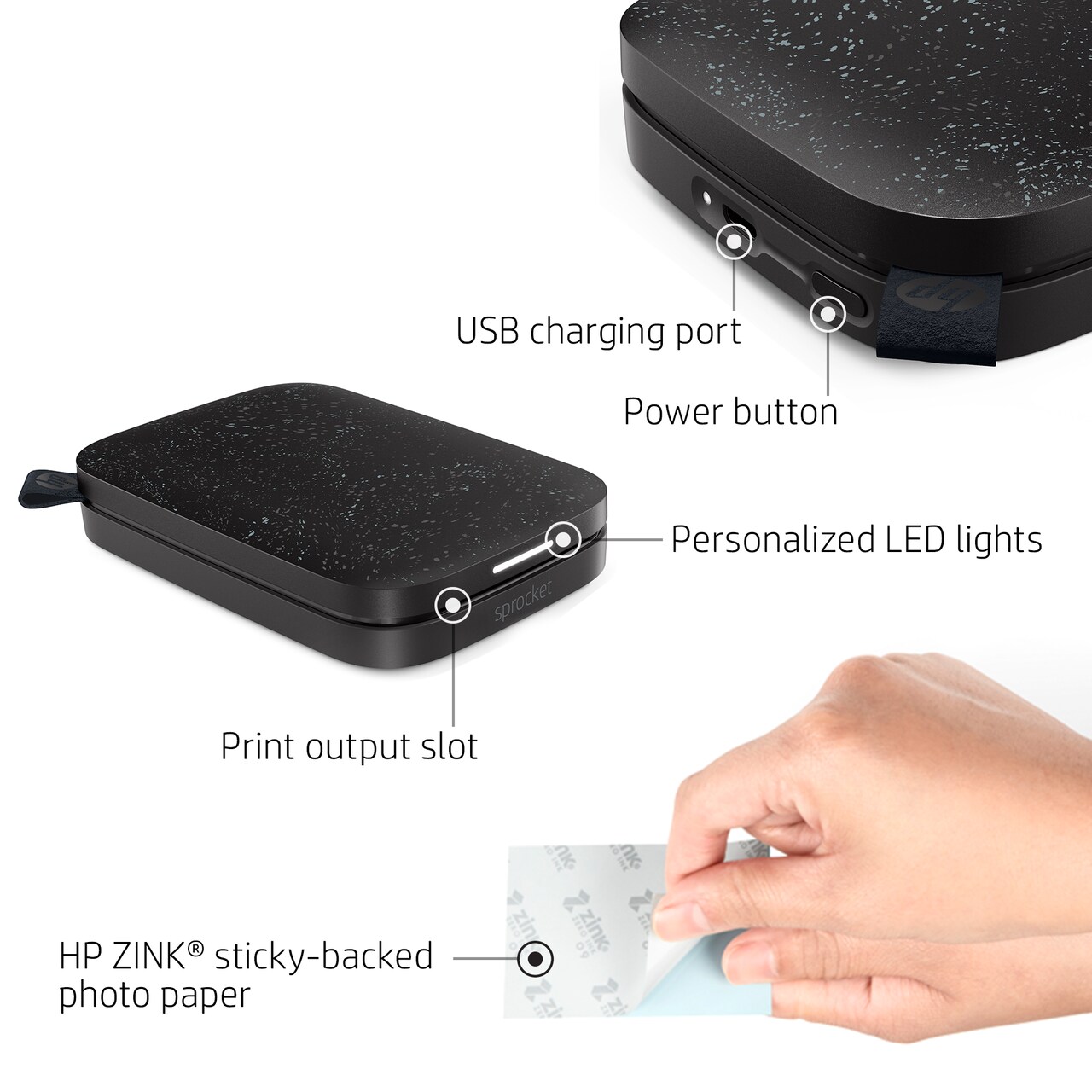 HP Sprocket Portable Printer, Zink Sticky Paper 2x3&#x22; Instant Photo Printer for iOS &#x26; Android Device