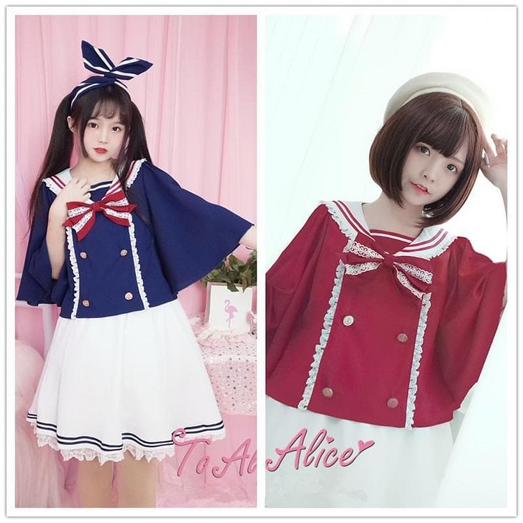 [Reservation] Blue/Red Kawaii Sailor Bow Poncho/Skirt SP1811889