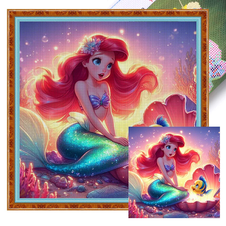 【Huacan Brand】Disney Mermaid Ariel Princess 18CT Stamped Cross Stitch 30*30CM