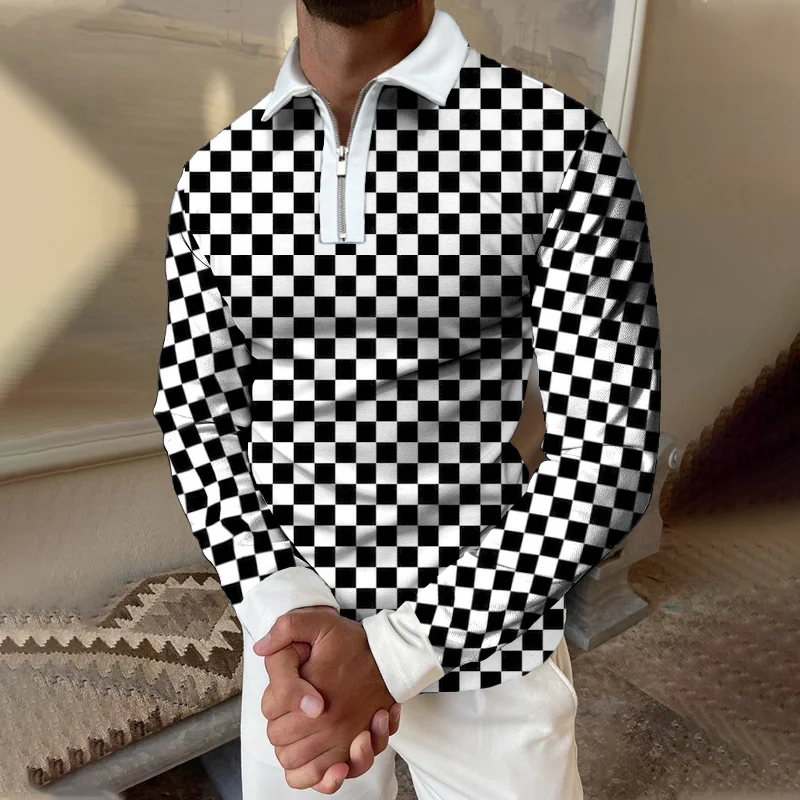 Checkerboard Print Long-sleeved Polo Shirt、、URBENIE