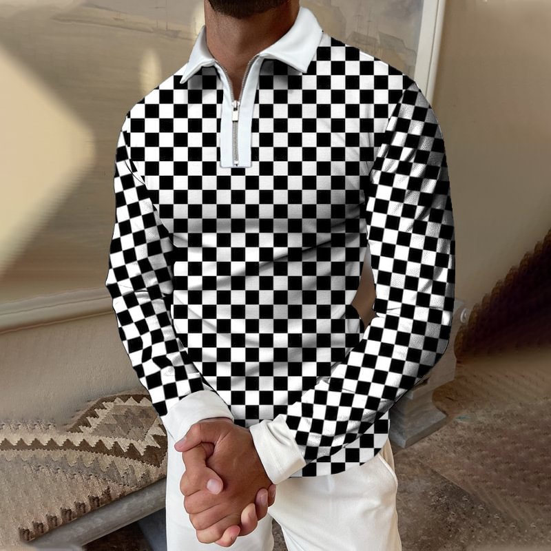 Checkerboard Print Long-sleeved Polo Shirt-Compassnice®