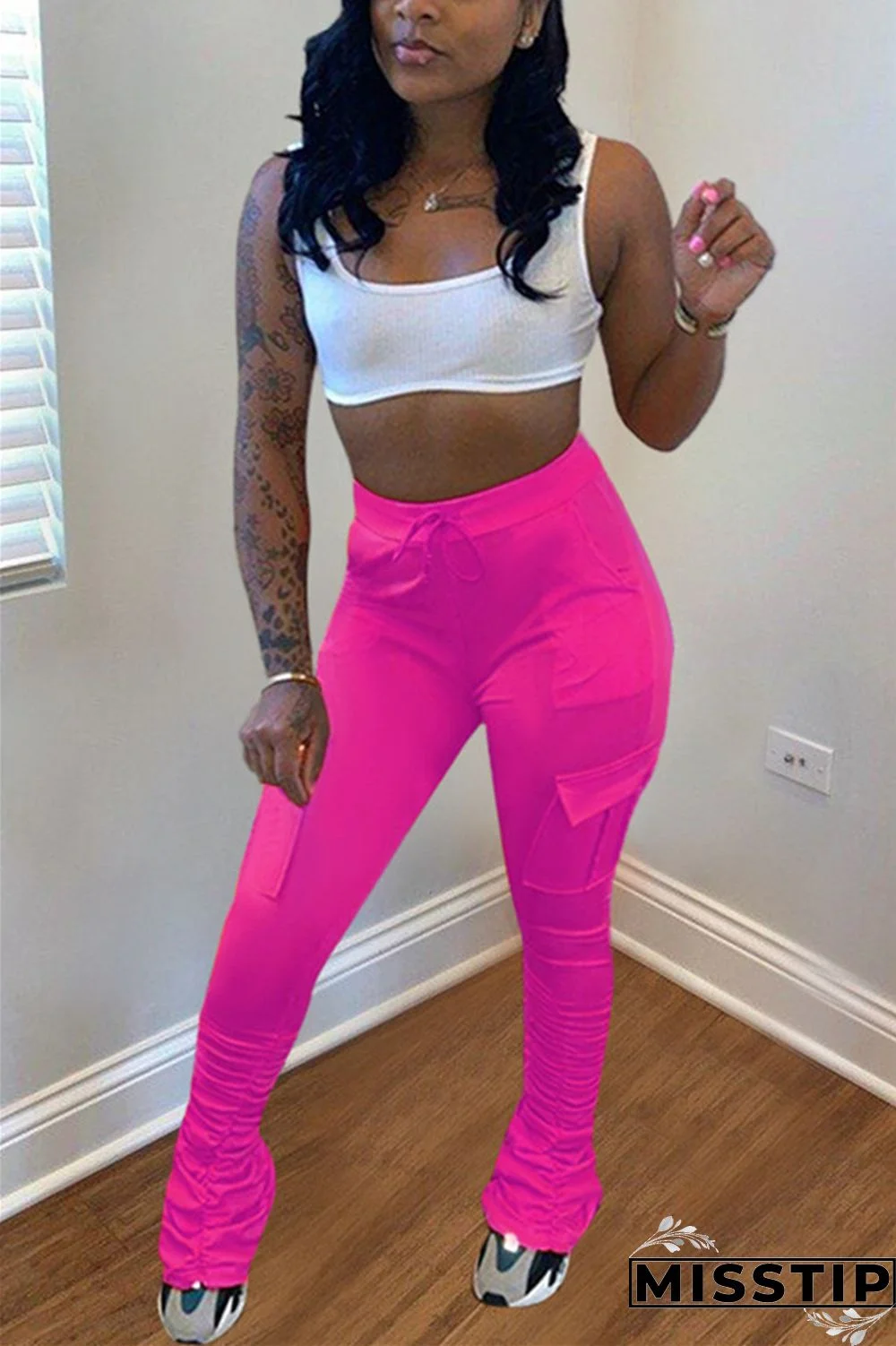 Fluorescent green Drawstring High Solid Pocket Draped Boot Cut Pants Bottoms