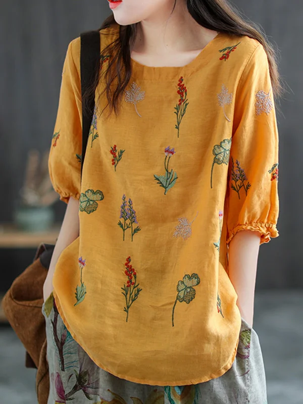 Ramie Cotton Embroidered Round-Neck Short Sleeve T-Shirts Tops
