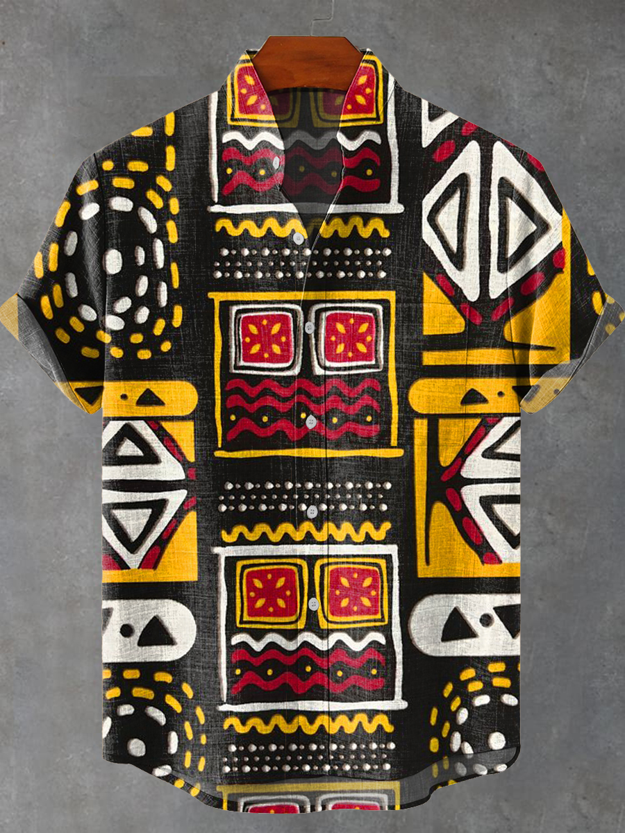 Vintage Abstract African Ethnic Geometric Painting Art Print Casual 100% Cotton Shirt