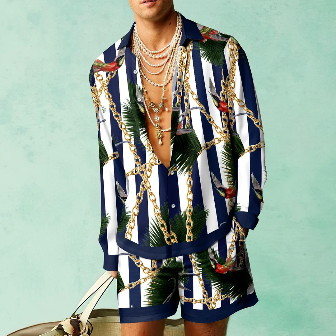Thoval Fashion 3D Print Two Piece Set Men Long Sleeve Lapel Shirts And Shorts Casual Loose Suits Summer Hawaiian Beach Outfits Male