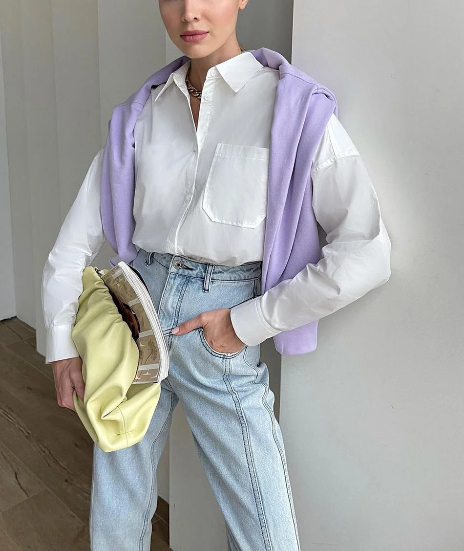 Back to school  Casual Klein Blue Shirt Spring Summer Long Sleeve Cotton Blouse Office Lady Elegant Solid Loose Tops Oversize Green Blusa Tunic