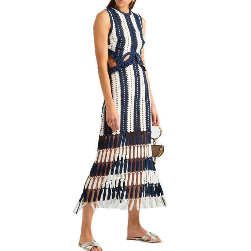 SMTHMA High Quality Newest Fashion Knitted Tank Dress White Blue Patchwork Striped Beach Dresses Women Summer Maxi Long Dresses
