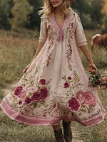 Classy Gradient Pink Roses And Striped  Embroidered Linen Maxi Dress