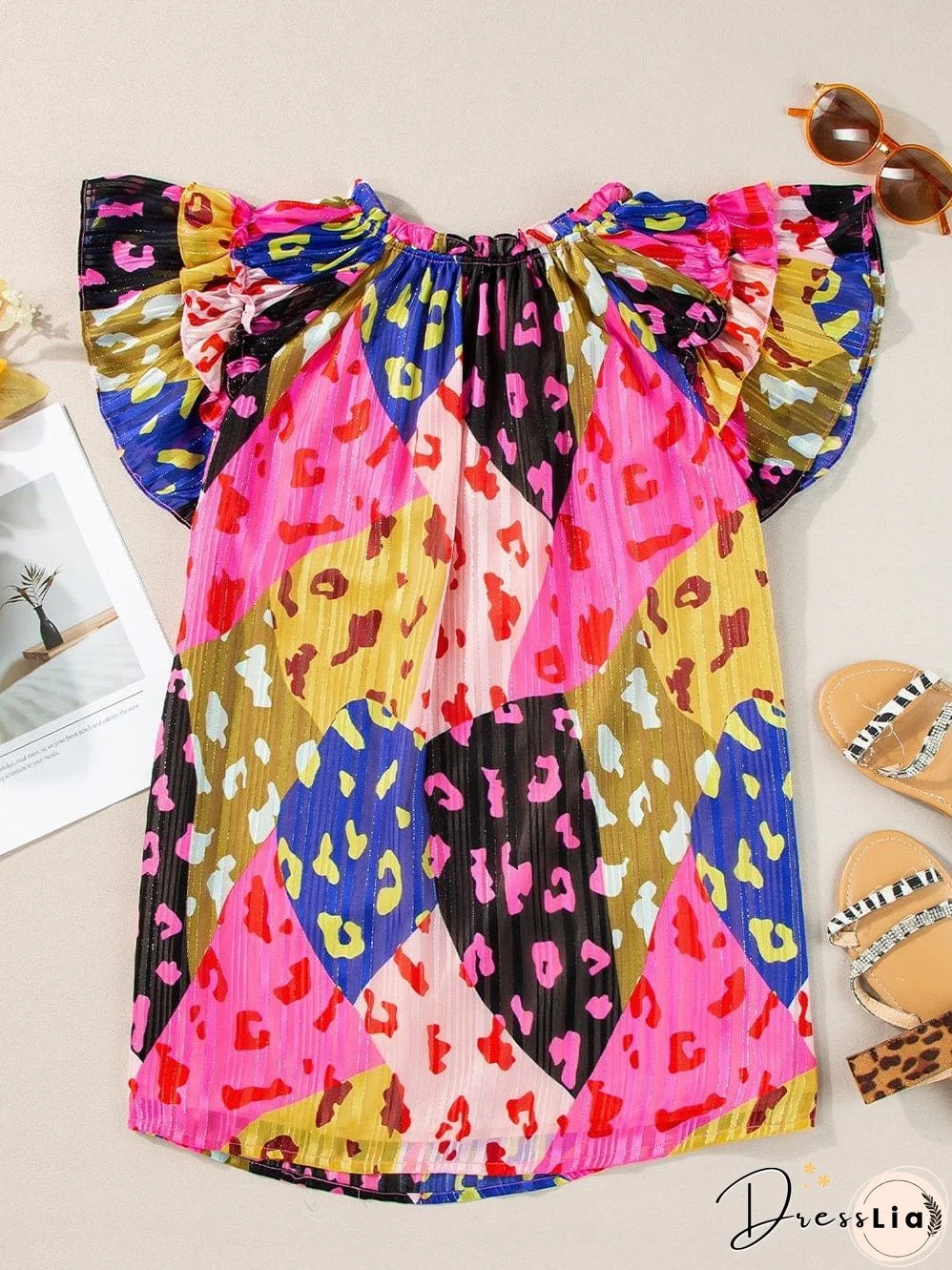 Rose Patchwork Leopard Print Ruffle Sleeve V Neck Blouse