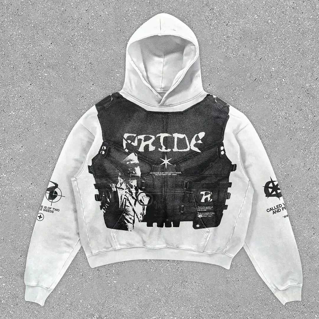 Casual Vintage Protective Vest Print Long Sleeve Hoodie