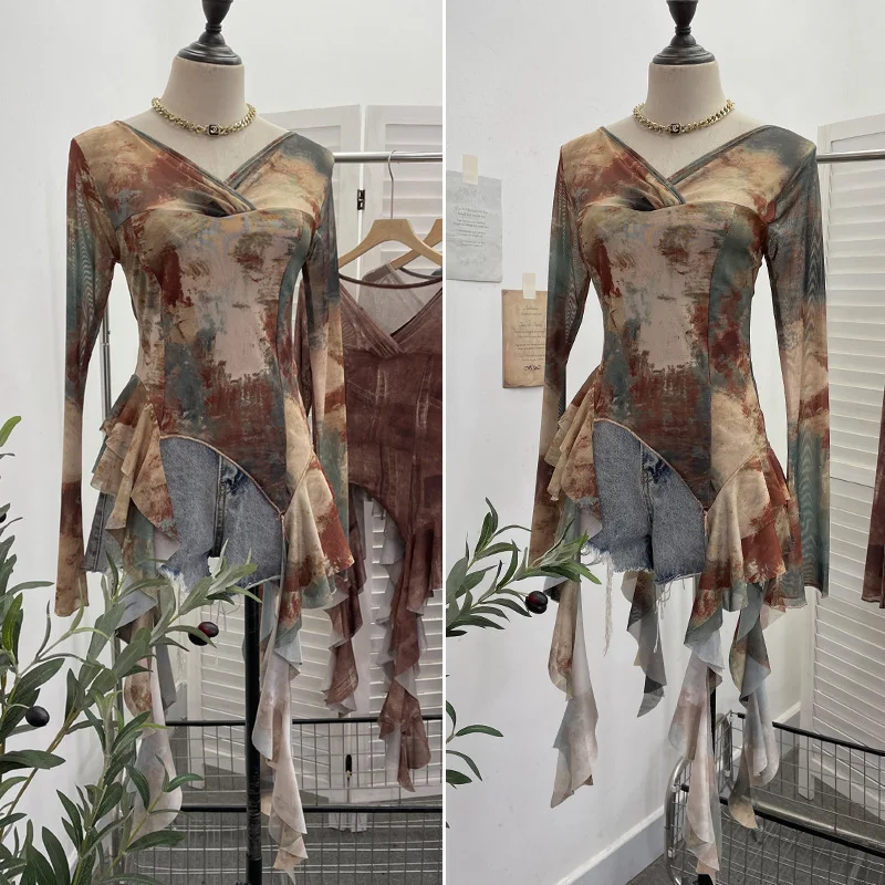 Nigikala Nigikala Shooting Ribbon Mesh Yarn Leaf Side Retro Print V Collar Horn Sleeve Top Spring And Summer Short Repair T-Shirt 8013