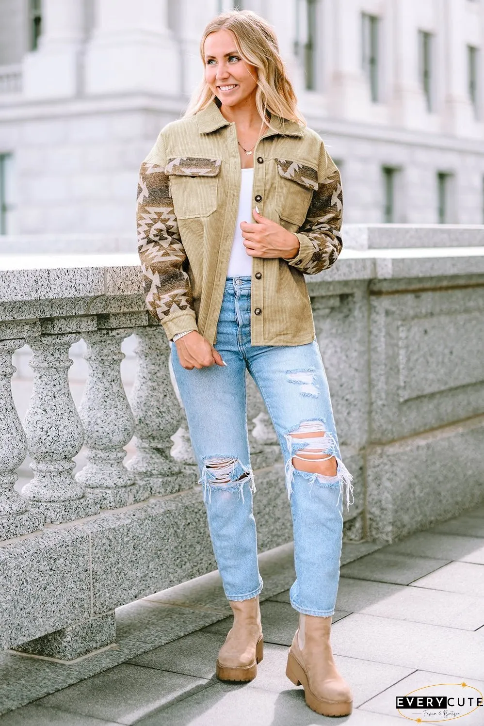 Khaki Aztec Print Patchwork Frayed Edge Corduroy Jacket