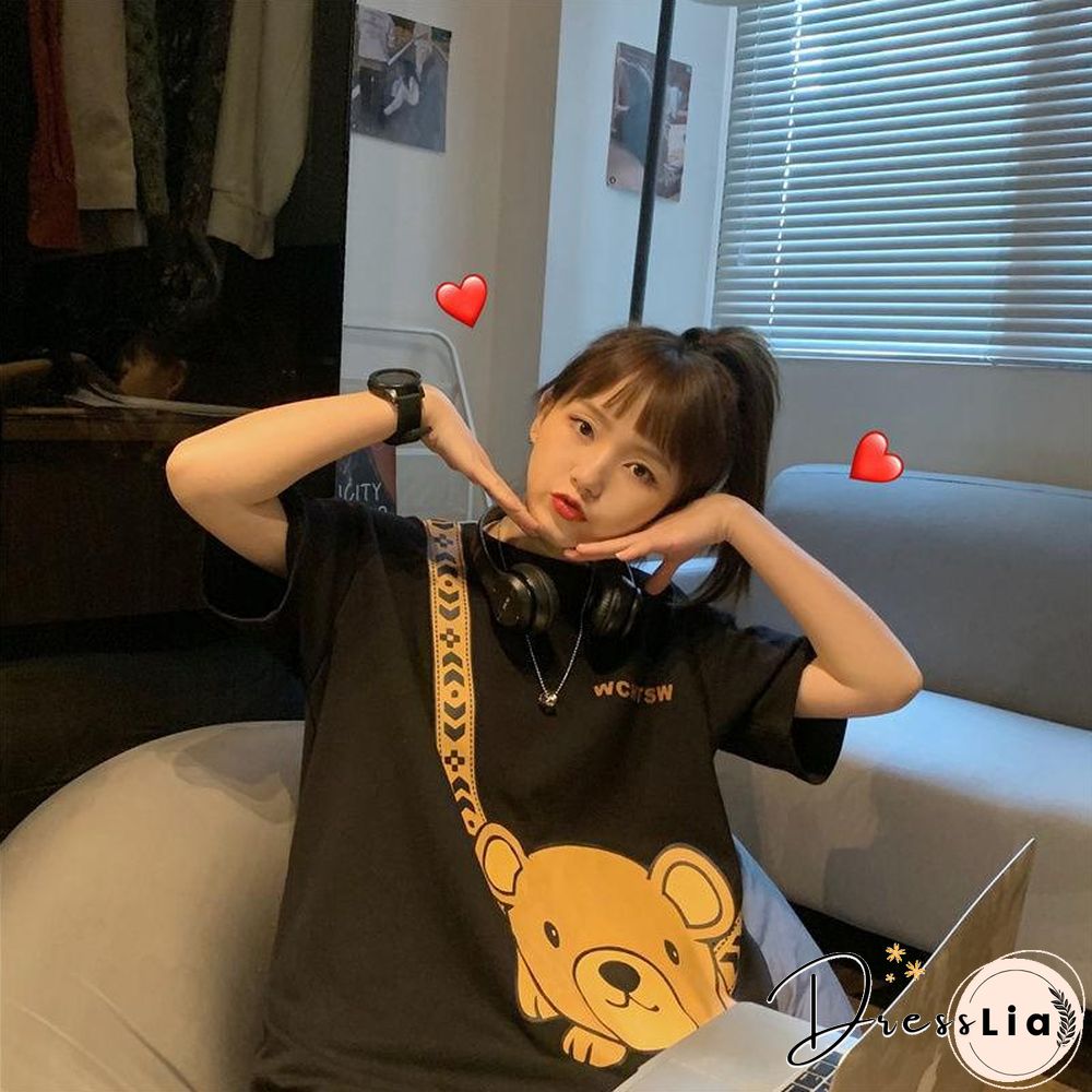 Harajuku Print O Neck Cotton Short Sleeve T Shirt Women Summer New Korean Fashion Kawaii Clothes Top Bear Chic Tee Tshirts