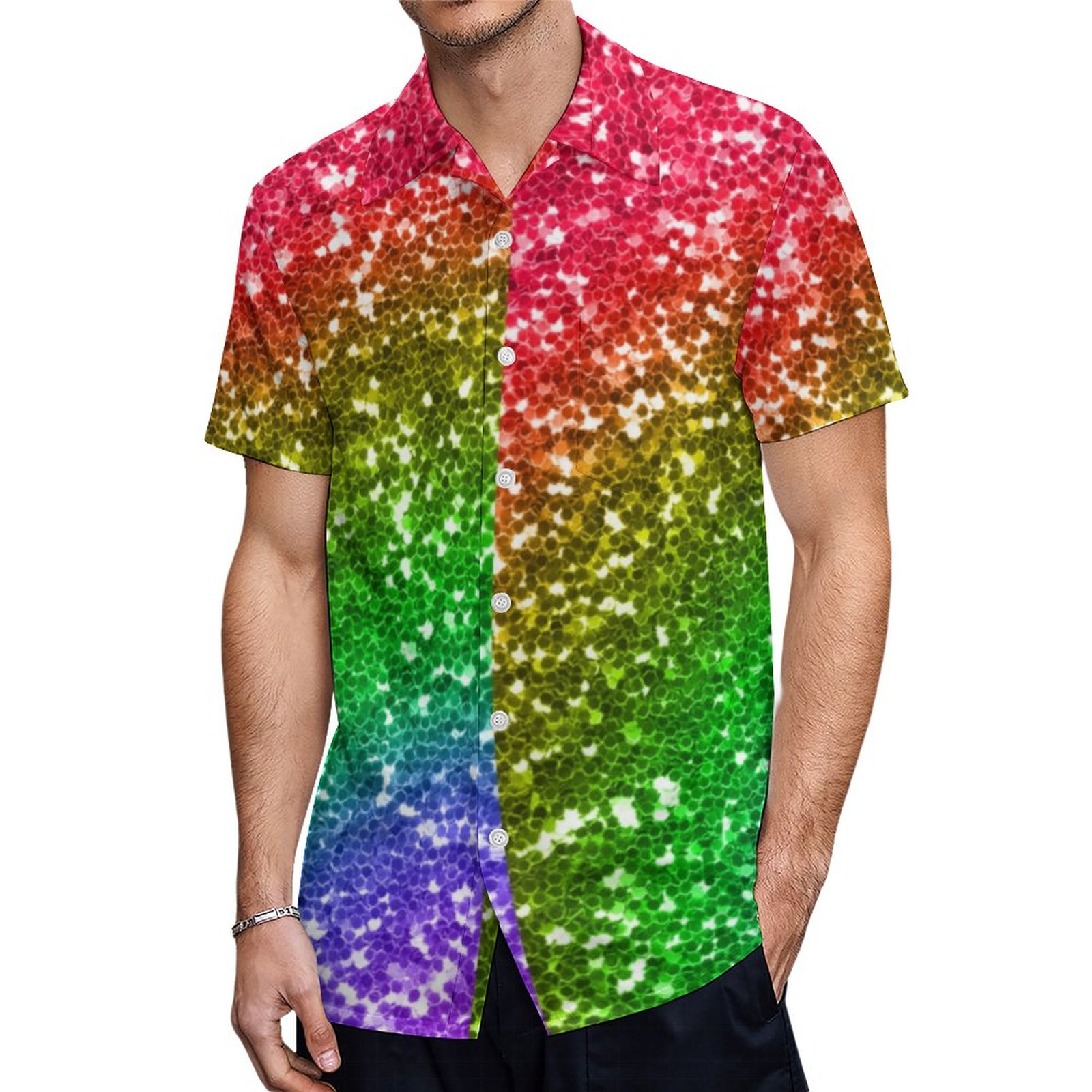 Faux Rainbow Glitter Festival Hawaiian Shirt Mens Button Down Plus Size Tropical Hawaii Beach Shirts